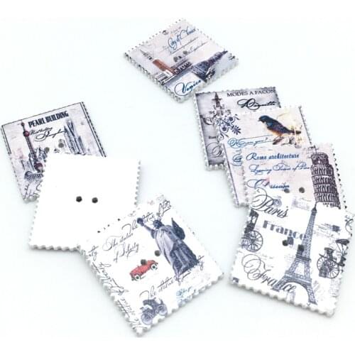 50pc Multicolor Painted Square Stamp Wood Buttons Handmade Decorative Scrapbooking Button DIY Accessories 7NK224