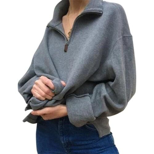 Women Autumn Turn-Down Collar Zipper Sweatshirt Casual Warm Sweatshirt Long Sleeve Pullovers Solid Color Streetwear Sweatshirt