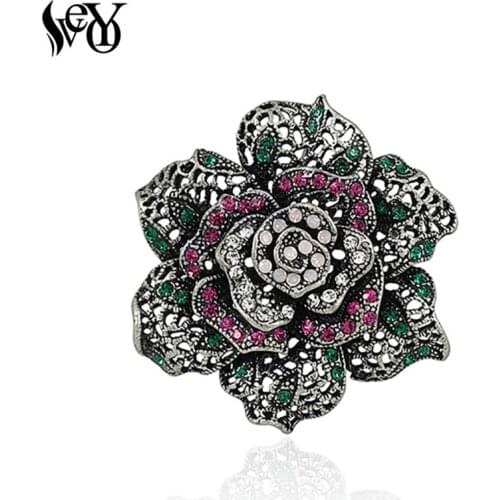 VEYO Full of Rhinestone Flower Brooches Pins for Women High Quality Zinc Alloy Hijab Scarf Brooch Costume Jewelry