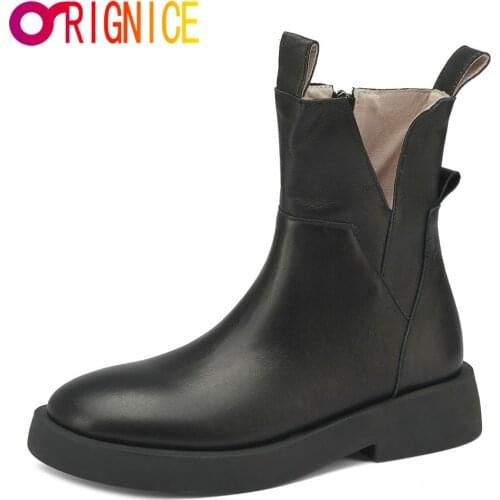 Orignice New Zipper Chunky Heel Platform Women Ankle Boots Solid Black Dark Brown Round Toe Casual Wild Shoes Large Size 34-42