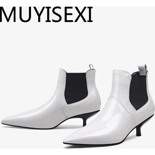 Women stretch mixed colors slip on high fashion european design 3.5 thin med heels pointed toe office ankle boots HL309 MUYISEXI