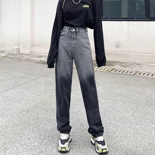 Korean Fashion style Women jeans Vintage Straight Wide leg pants High waist Oversize Loose Long jeans female Black gray gradient