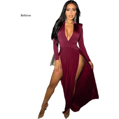 Women Sexy High Split Long Maxi Dresses Party Deep V Neck Solid Bodycon Dress for Women Night Club Skinny Long Sleeve Dress