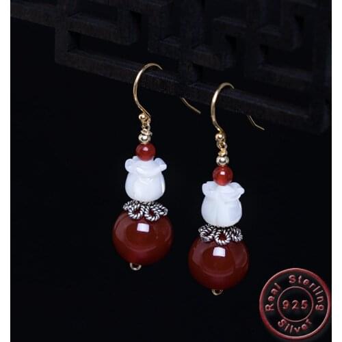 Amxiu DIY Natural Red Stone Handmade Earrings 925 Sterling Silver Shell Earrings Vintage Gold Color Jewelry For Women Girls Gift