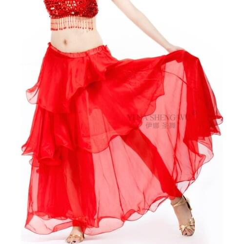 11 Colors Belly Dance Costume Ruffles Long Skirt Women Maxi Skirts 3 Layers Chiffon India Oriental Dance Skirt Performance Wear