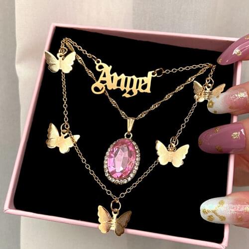 JUST FEEL Punk Gold Color Butterfly Angel Choker Necklace for Women Multilayer Pink Oval Crystal Pendant Necklace HipHop Jewelry