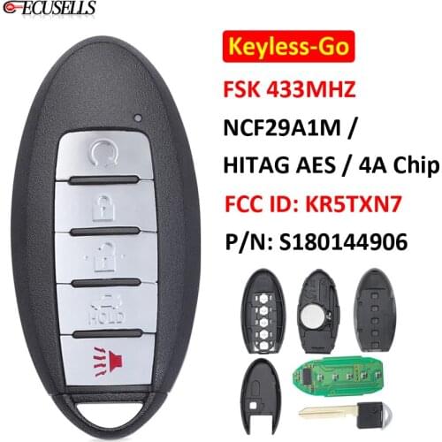 5 Button Keyless-Go Smart Remote Car Key FSK 433Mhz NCF29A1M / HITAG AES / 4A Chip FCC ID: KR5TXN7 S180144906 For Nissan Maxima
