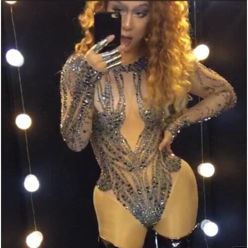 Sparkly Black Crystals Nude Bodysuit Performance Outfit Costume Party Celebrate Glisten Rhinestones Stretch Leotard Stage Wear