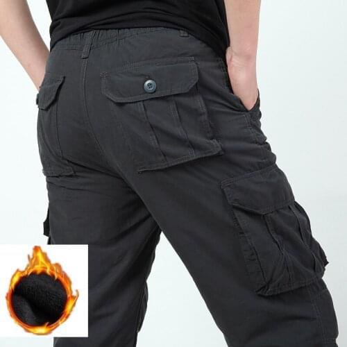 Winter Plus Velvet Cargo Pants Male Straight Loose Multi-pocket Casual Mens Thicken Fleece Warm Military Trousers Army Green