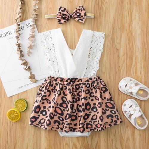 Baby Romper with Headband Leopard Print Lace V-Neck Sleeveless Romper + Hairband for Girls 3-18 Months