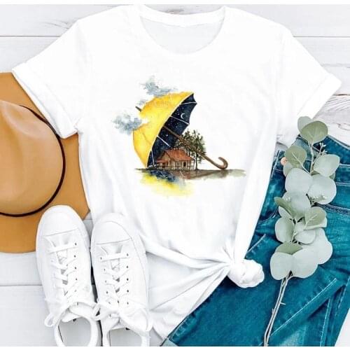 Summer Cartoon Watercolor Travel 2021 Cartoon Short Sleeve Women Fashion Clothes Print Tshirt Female Tee Top Graphic T-shirt