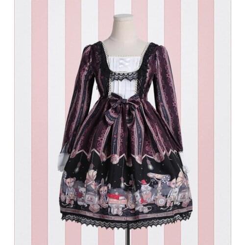 Fashion brand janpanese style kimono ruffles stitching long sleeve dress female cartoon pattern lolita dress with bow wq808
