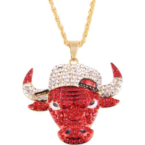Hip Hop Red Rhinestones Paved Bling Big Bull Head Pendants Necklace For Men Rapper Jewelry With 30inches Rope Chain