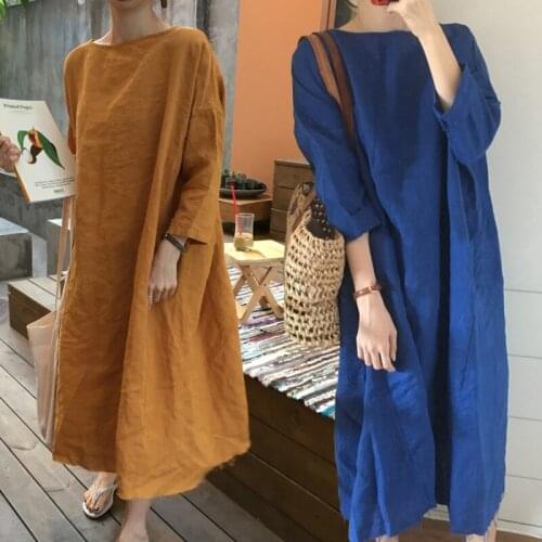 Loose and lazy cotton linen dress with hairy edge for womens summer 2021 Korean pocket worn out solid size over the knee long