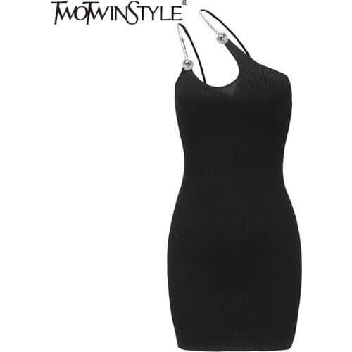 TWOTWINSTYLE Casual Asymmetrical Black Dress For Women Diagonal Collar Sleeveless High Waist Mini Dresses Female Summer 2021 New