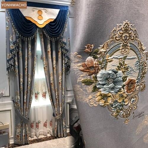 Custom curtain European luxury American chenille thick living room bedroom grey cloth blackout curtain valance tulle panel C452