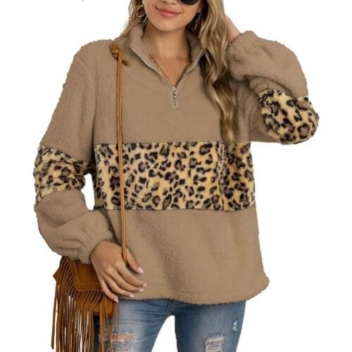Women Sweatshirt Leopard Patchwork Autumn Winter Loose Plush Stand Collar All Match Coat Streetwear