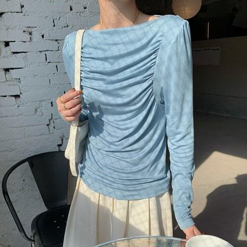 Woman Tshirts Slash Neck Cotton Slim Folds T Shirt Solid All-match Korea Style Casual Women Clothes 2021 Autumn Tee Female Tops