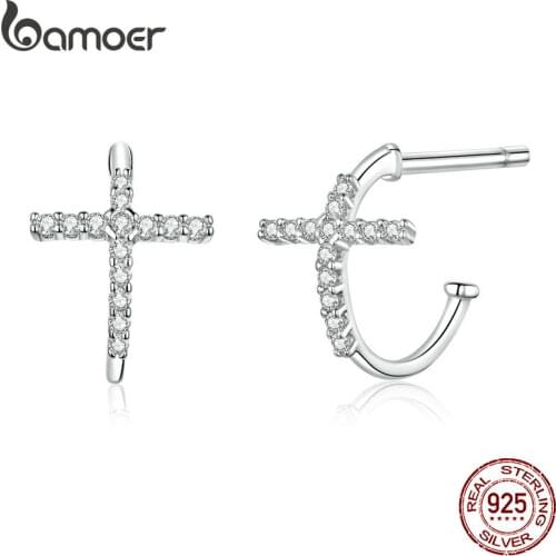 BAMOER Sterling Silver 925 Hoop Earrings for Women Half Hoops Cross Fashion Jewelry Brincos Wedding Statement Jewelry SCE755