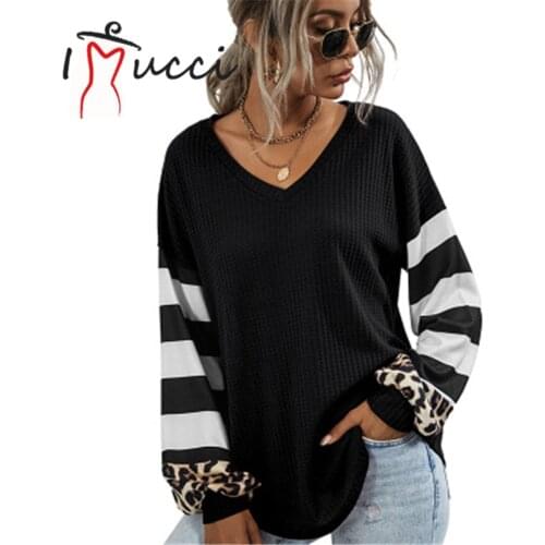 IMucci 2021 New Women Sweaters Pullover Striped V Neck Oversize Long Sleeve Tops Women Loose Knitted Jumper Female Clothing