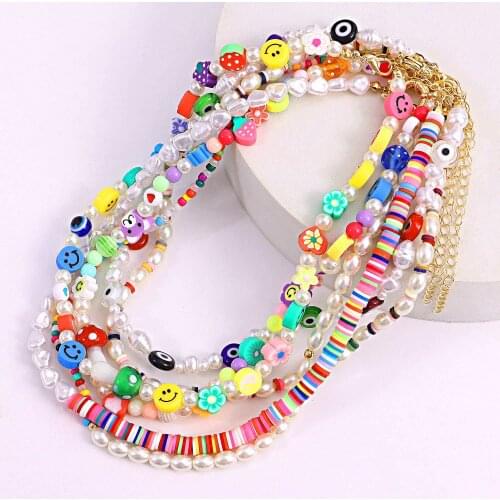 2021 Bohemian Imitation Pearl Eye Fruits Long Necklace For Women Fashion Colorful Soft Pottery Smiling Face Irregular Necklace