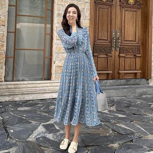 Spring summer women sweet Pleated dress elastic waist long sleeve floral print chiffon dress fashion casual Mid-calf dresses