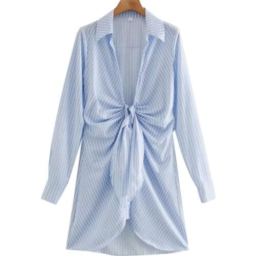 Women Striped Mini Dress Summer Vintage Long Sleeve Irregular Female Dresses With Bowknot Beach Holiday Chic Shirt Dress