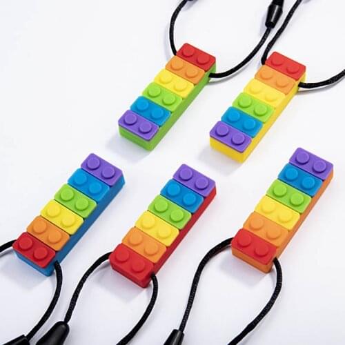 1Pcs Baby Block Teethers Food Grade Silicone Rainbow Pattern Baby Biting Chew Block Teether Infant Necklace Pendant Biting Toy