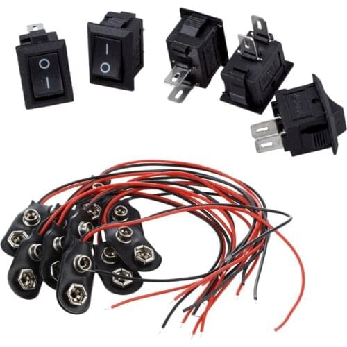 5 x AC 250V 3A 2 Pin ON/OFF I/O SPST Snap In Mini Boat Rocker Switch & 10pcs PP3 MN1604 9V 9 Battery Holder Clip Snap On Connect
