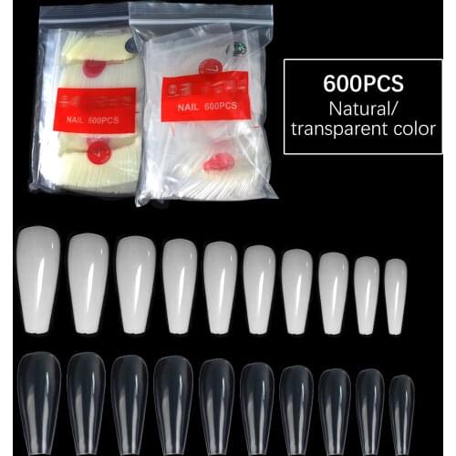600pcs/bag Long Coffin False Nails Ballerina Square Flat Top Clear/Natural Acrylic Ballet Fake Nail Art Tip Manicure Tool