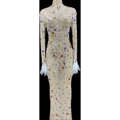 Sparkly Rhinestones Fether Sleeves Long Dress Fashion Prom Gown Evening Sexy See Through Crystals Birthday Dress Party Outfit