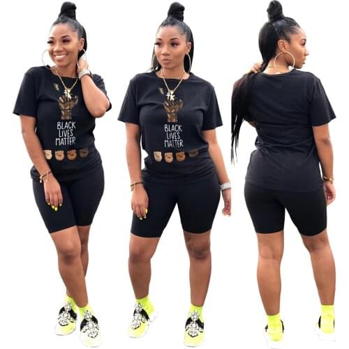 S-XXL Womens Text Printed Short-sleeved Pants Sports Two-piece Suit