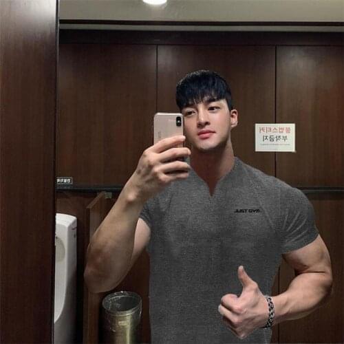 Summer Casual T-shirt Men Short Sleeve Cotton T-shirt Fashion Slim T Shirt Male Fitness V neck Workout Tee Tops Gym Clothing