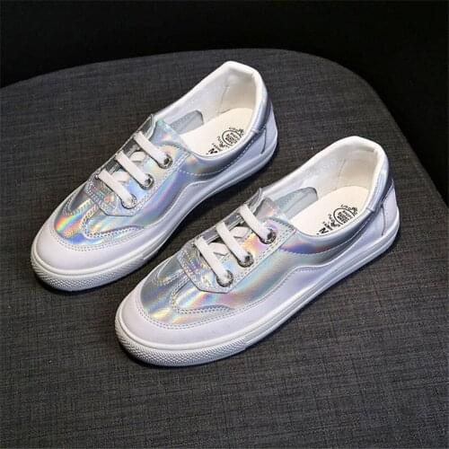 Fashion Woman Leather Shoes New Women Shoes Cute Casual Platform PU Leather Colorful Laser Women Casual White Shoes Sneakers