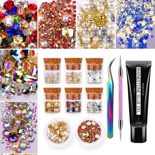 3D AB Glass Nail Art Rhinestones Set Set Mix 8 Style Gems Stones Multi Shapes Crystal Diamonds Sequins Pearls with15ml Gel Glue