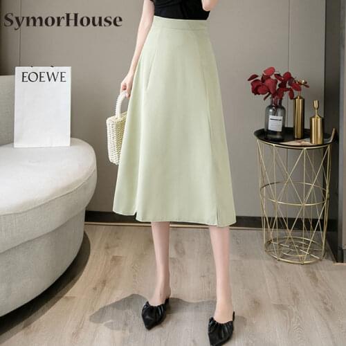 New Black Skirts Women Elastic Waist Loose Casual A-Line Skirt Ladis Slit Skirts Female Office OL Skirt Summer Autumn