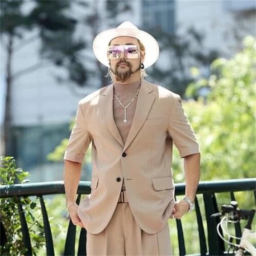 Mens new solid color single breasted fashion short sleeve suit loose summer fashion delicate Blazer Jacket thin