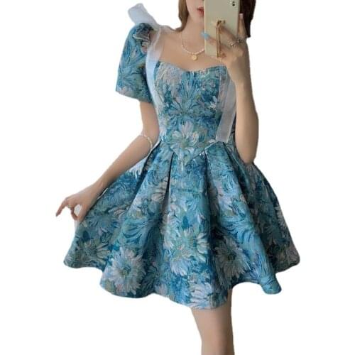 Princess Style Puff Dress Female Vintage Bowtie Straps High Waist Sweet Puff Sleeve A Line Mini Dress Loli Birthday Party Dress