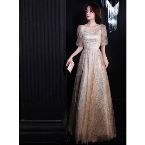 Special Occasion Dress Illusion V-Neck Short Tulle Lace Pearls Backless A-Line Luxury Champagne Gold Elegant Lady Prom Gown E893
