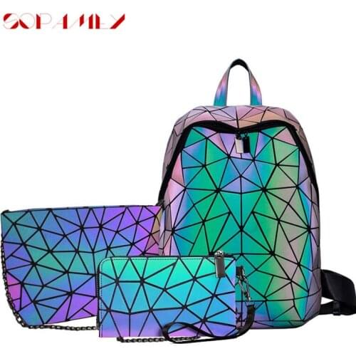 New Women Backpack Luminous Geometric Schoolbag For Ladies Crossbody Bag Set Clutch And Purse Bag Bagpack Holographic Backpacks