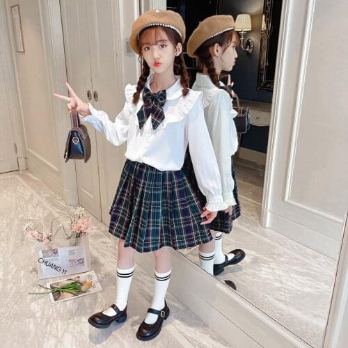 Girls Spring And Autumn Suit 2021 New White Bowknot Lace Collar Long Sleeve Top + Plaid Skirt 2-piece Set Girls' College Costume