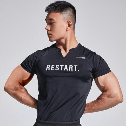 High quali quick-drying fitting training V-neck tight Elasticity short sleeves Personalized letter printing mens Sports T-shirt