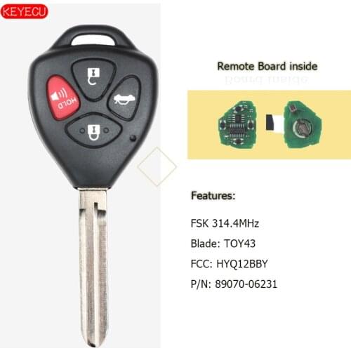 KEYECU Replacement Remote Key for Toyota 2011 Camry, Scion 2013-15 FR-S HYQ12BBY- G Chip P/N: 89070-06231