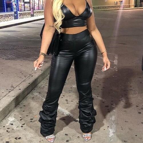 Women High Waist Elastic Stretch Faux Pu Leather Stacked Pants Capris Female Trendy Wide Trousers Pleated Sexy Outfits Street