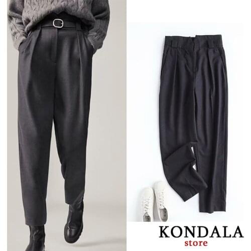 KONDALA Za 2020 Women Office Lady Flannel High Waist Pants Ankle-Length Sashes Zipper Straight Trouser Mujer