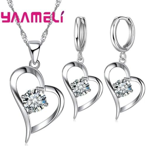 925 Sterling Silver Wedding Jewelry Sets Romantic for Women Love Heart Hollow Pendants Necklaces Earrings Clear Austrian Crystal