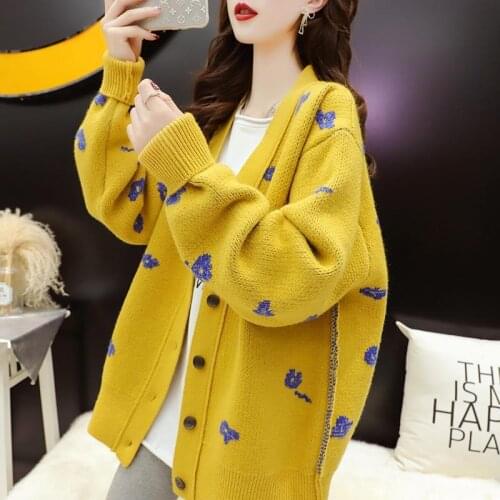 Sweet Jacquard Sweater Cardigan Women Loose Knit Coat Autumn Spring Casual Lady Long Sleeve V Neck Floral Outerwear Sweater X283