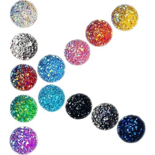 130pcs Mixed Lot 13 Colors Glitter Cabochon, Dia 11.8mm Resin Paster DIY Stone Flat Bass Match 12mm Metal Box/Bottom, 10pcs each