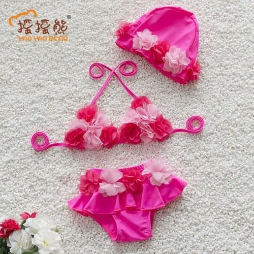 3pcs Baby Girls Swimwear Kids Swimming Bikinis Siamese skirt type lace sweet Floral Baby Girls Bathing Suit Swimsuit With Cap