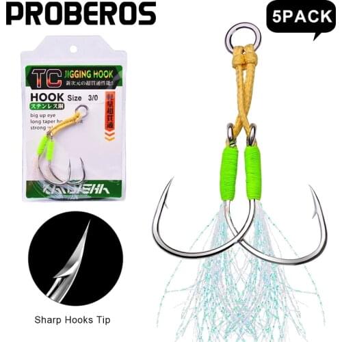 PROBEROS 5 Pack Jigging Fishing Hooks 1/0-2/0-3/0-4/0-5/0# High Carbon Steel Twins Double Fishery Glow Jig Slow Feather Fishhook